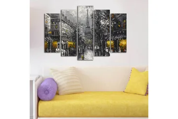 Stort lerretsbilde i 5 deler 105x70 cm - Parisisk bybilde med Eiffeltårnet i skumringen - Grå / Svart / Gull - Interiør - Maleri & posters - Lerretsbilder