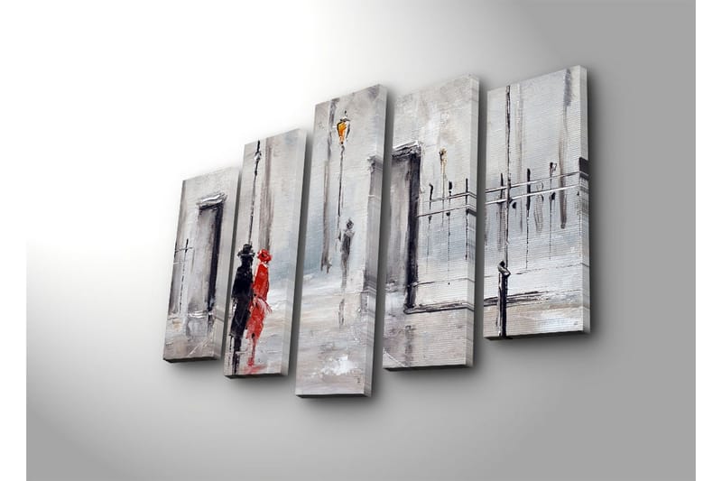 Stort lerretsbilde i 5 deler 105x70 cm - Par i regnet med rød kjole og svart dress - Rød / Svart / Grå - Interiør - Maleri & posters - Lerretsbilder