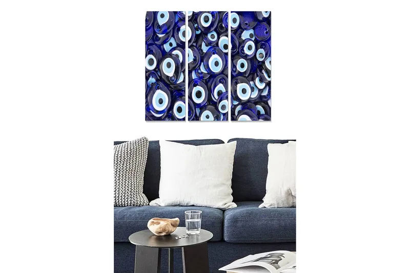 Trelerret 3-delt 50x70 cm - Abstrakt komposisjon med øyemotiv, Mørk blå / Lys blå / Hvit