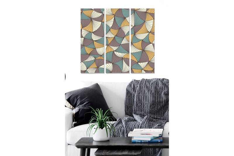 Trelerret 3-delt 50x70 cm - Abstrakt komposisjon med bølgende former, Turkis / Beige / Lilla