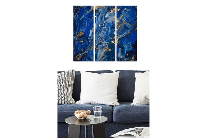 Trelerret 3-delt 50x70 cm - Abstrakt komposisjon med blå og gylne mønstre, Mørk blå / Gyllen / Lys blå