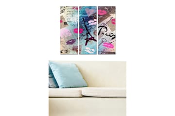 Trelerret 3-delt 50x70 cm - Abstrakt komposisjon med Eiffeltårnet og leppestiftavtrykk - Rosa / Blå / Lilla - Interiør - Maleri & posters - Lerretsbilder