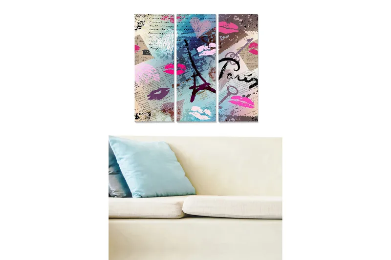 Trelerret 3-delt 50x70 cm - Abstrakt komposisjon med Eiffeltårnet og leppestiftavtrykk, Rosa / Blå / Lilla