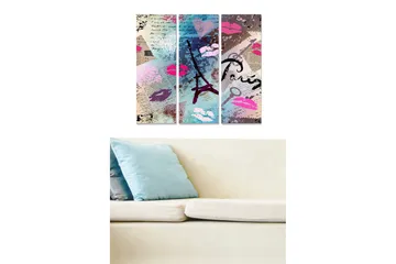 Trelerret 3-delt 50x70 cm - Abstrakt komposisjon med Eiffeltårnet og leppestiftavtrykk - Rosa / Blå / Lilla - Interiør - Maleri & posters - Lerretsbilder