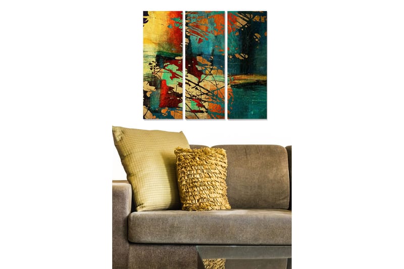 Trelerret 3-delt 50x70 cm - Abstrakt komposisjon med fargerike former og mønstre, Mørkegrønn / Rød / Gull