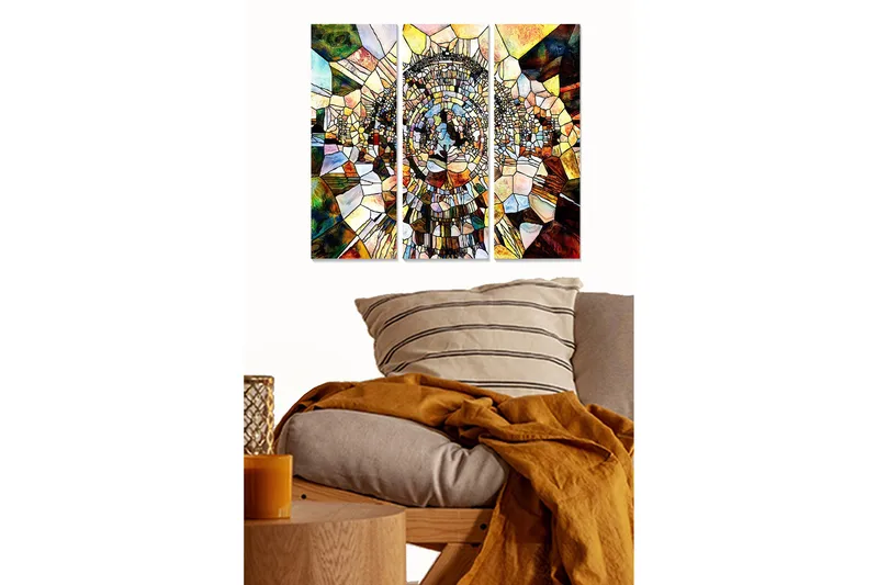 Trelerret 3-delt 50x70 cm - Abstrakt komposisjon med geometriske former i en spiralstruktur, Gull / Brun / Grønn