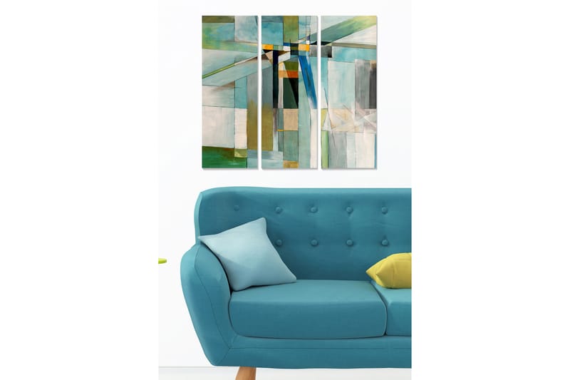 Trelerret 3-delt 50x70 cm - Abstrakt komposisjon med geometriske former i forskjellige nyanser, Turkis / Grønn / Hvit