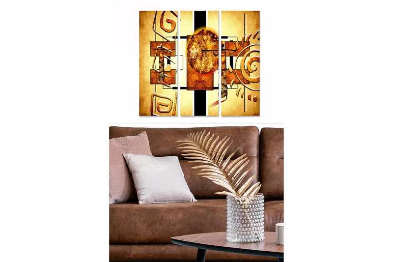 Trelerret 3-delt 50x70 cm - Abstrakt komposisjon med geometriske former og solsymbolikk, Gull / Brun / Svart