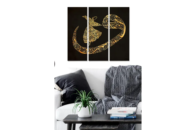 Trelerret 3-delt 50x70 cm - Abstrakt komposisjon med gullmønstre på svart bakgrunn, Gull / Svart