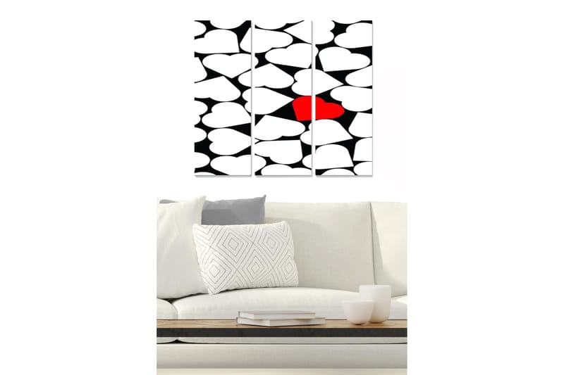 Trelerret 3-delt 50x70 cm - Abstrakt komposisjon med hjerteformede elementer, Rød / Svart / Hvit