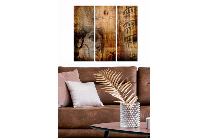 Trelerret 3-delt 50x70 cm - Abstrakt komposisjon med klassiske elementer og ansikter, Brun / Gull / Beige