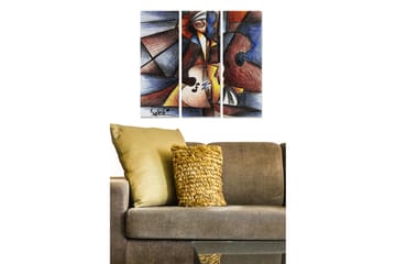Trelerret 3-delt 50x70 cm - Abstrakt komposisjon med musikkinstrumenter og geometriske former - Mørk blå / Rød / Beige - Interiør - Maleri & posters - Lerretsbilder