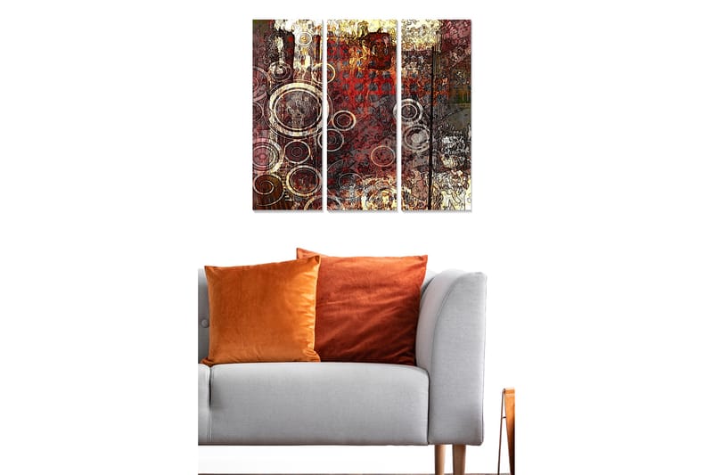 Trelerret 3-delt 50x70 cm - Abstrakt komposisjon med sirkulære former - Rød / Brun / Gull - Interiør - Maleri & posters - Lerretsbilder