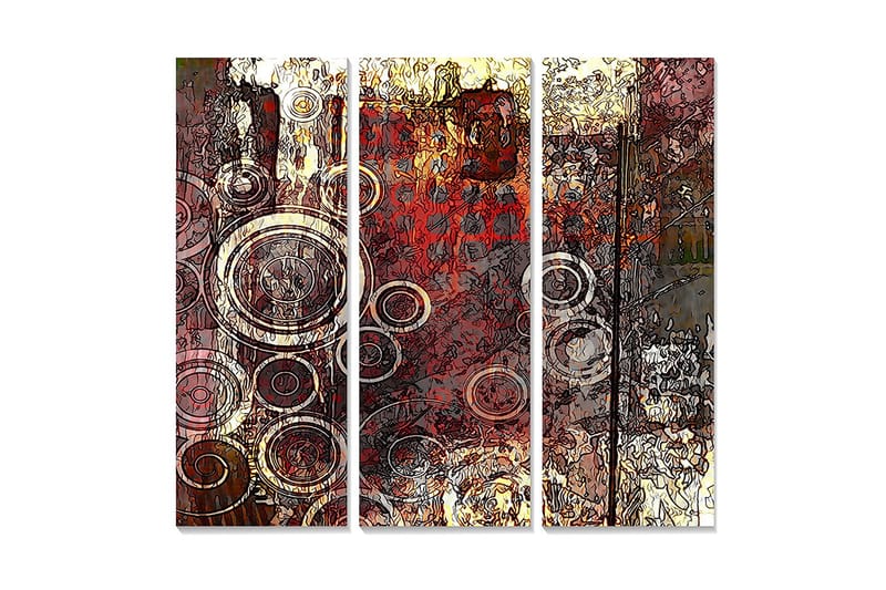 Trelerret 3-delt 50x70 cm - Abstrakt komposisjon med sirkulære former, Rød / Brun / Gull