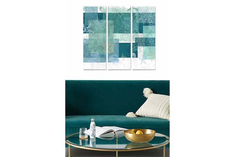 Trelerret 3-delt 50x70 cm - Abstrakt komposisjon med sjømotiver og geometriske former, Turkis / Mintgrønn / Hvit