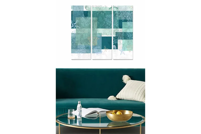 Trelerret 3-delt 50x70 cm - Abstrakt komposisjon med sjømotiver og geometriske former, Turkis / Mintgrønn / Hvit
