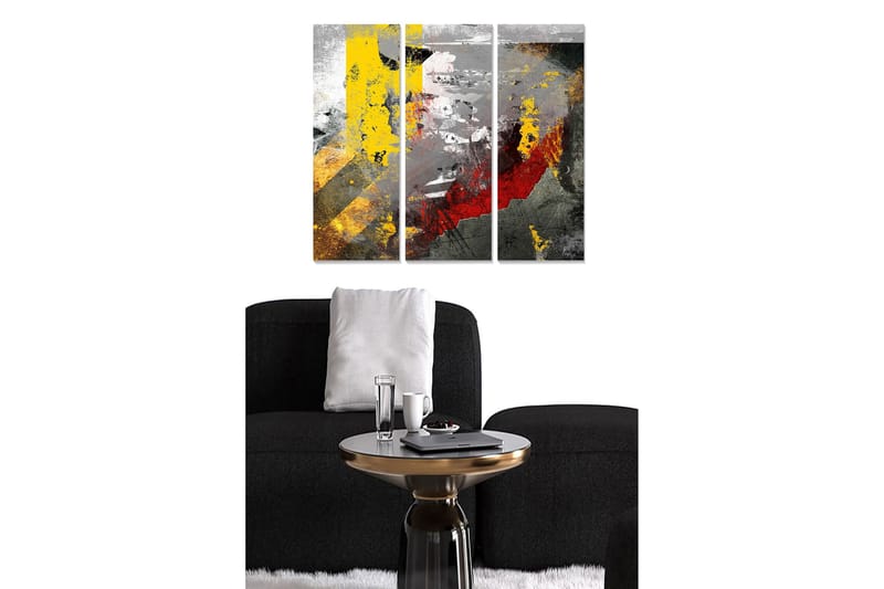 Trelerret 3-delt 50x70 cm - Abstrakt komposisjon med sterke farger og teksturer, Gul / Rød / Grå