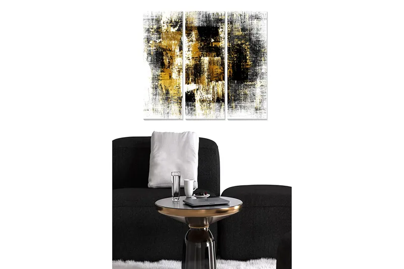Trelerret 3-delt 50x70 cm - Abstrakt komposisjon med svarte og gylne elementer, Svart / Gull / Hvit