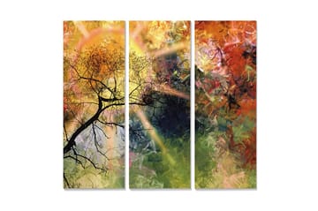 Trelerret 3-delt 50x70 cm - Abstrakt landskap med silhuett av tregrener - Gull / Grønn / Oransje - Interiør - Maleri & posters - Lerretsbilder