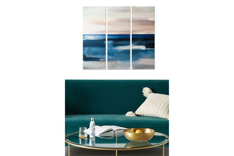Trelerret 3-delt 50x70 cm - Abstrakt sjølandskap med myke fargeoverganger, Mørk blå / Lys blå / Beige