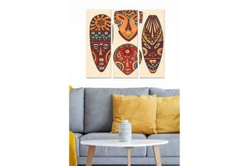 Trelerret 3-delt 50x70 cm - Abstrakte ansikter i fargerike masker - Rød / Brun / Blå - Interiør - Maleri & posters - Lerretsbilder