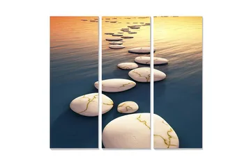 Trelerret 3-delt 50x70 cm - Asfaltert vei over speilblanke vannflater - Hvit / Blå / Gull - Interiør - Maleri & posters - Lerretsbilder