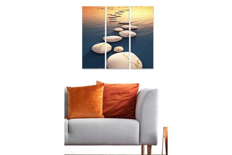 Trelerret 3-delt 50x70 cm - Asfaltert vei over speilblanke vannflater - Hvit / Blå / Gull - Interiør - Maleri & posters - Lerretsbilder