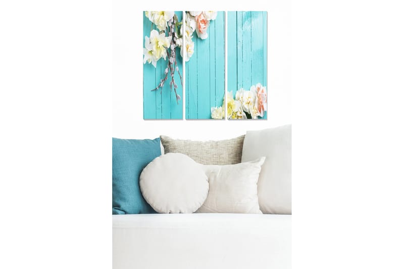 Trelerret 3-delt 50x70 cm - Blomster på turkis bakgrunn, Turkis / Hvit / Rosa