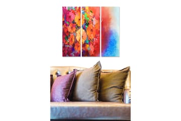Trelerret 3-delt 50x70 cm - Fargerik abstrakt komposisjon med blomster og geometriske former - Rød / Oransje / Blå - Interiør - Maleri & posters - Lerretsbilder