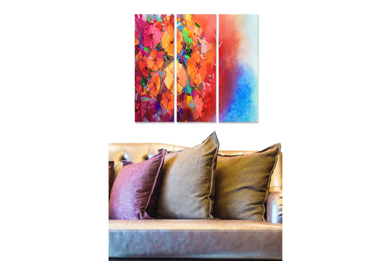 Trelerret 3-delt 50x70 cm - Fargerik abstrakt komposisjon med blomster og geometriske former, Rød / Oransje / Blå