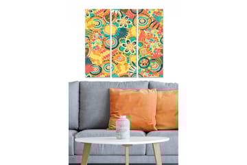 Trelerret 3-delt 50x70 cm - Fargerik abstrakt komposisjon med blomster og mønstre - Gul / Rød / Grønn - Interiør - Maleri & posters - Lerretsbilder
