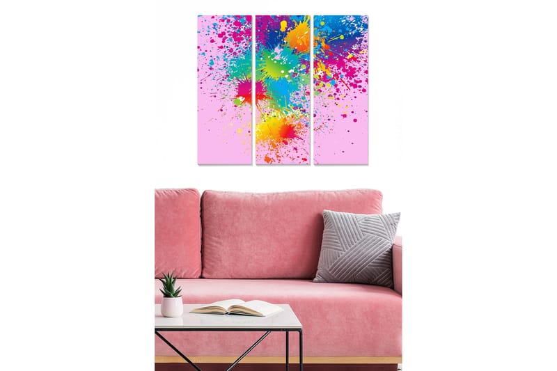 Trelerret 3-delt 50x70 cm - Fargerik abstrakt komposisjon med fargesprut, Blå / Gul / Rosa