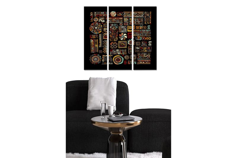 Trelerret 3-delt 50x70 cm - Fargerik abstrakt komposisjon med geometriske mønstre og symboler, Rød / Gul / Blå