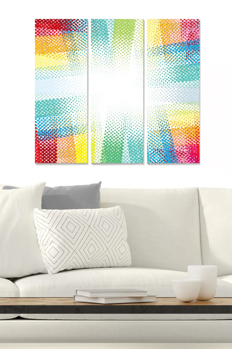 Trelerret 3-delt 50x70 cm - Fargerik abstrakt komposisjon med prikkmønster, Rød / Grønn / Gul