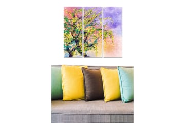 Trelerret 3-delt 50x70 cm - Fargerik abstrakt trekunst med blomster og grøntområder - Grønn / Lilla / Gul - Interiør - Maleri & posters - Lerretsbilder