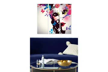 Trelerret 3-delt 50x70 cm - Fargerik ansiktskomposisjon med blomster og sommerfugler - Svart / Rosa / Grønn - Interiør - Maleri & posters - Lerretsbilder