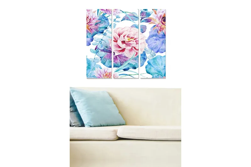 Trelerret 3-delt 50x70 cm - Fargerik blomsterbukett i akvarellstil, Lys rosa / Blå / Grønn