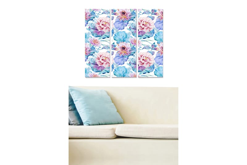 Trelerret 3-delt 50x70 cm - Fargerik blomsterbukett i akvarellstil, Rosa / Blå / Grønn
