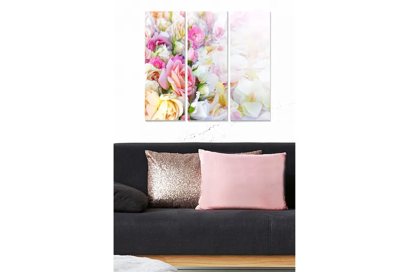 Trelerret 3-delt 50x70 cm - Fargerik blomsterbukett, Rosa / Gul / Hvit