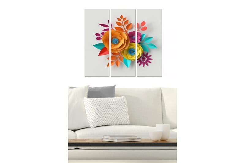 Trelerret 3-delt 50x70 cm - Fargerik bukett med papirblomster, Oransje / Turkis / Lilla