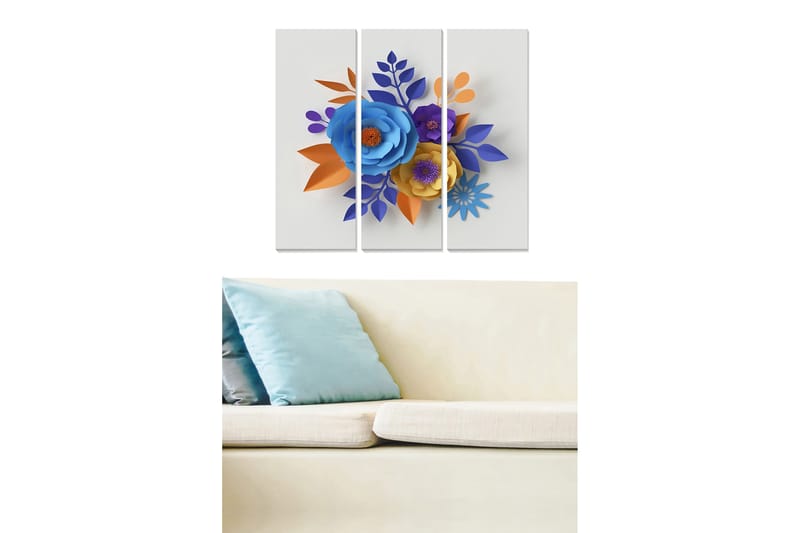Trelerret 3-delt 50x70 cm - Fargerik bukett med papirblomster, Blå / Oransje / Lilla