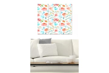 Trelerret 3-delt 50x70 cm - Fargerik komposisjon av blomster og blader - Rosa / Blå / Grønn - Interiør - Maleri & posters - Lerretsbilder