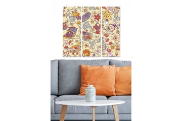 Trelerret 3-delt 50x70 cm - Fargerik komposisjon av blomster og fugler - Lys gul / Rød / Blå - Interiør - Maleri & posters - Lerretsbilder