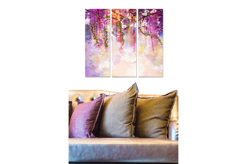 Trelerret 3-delt 50x70 cm - Fargerik komposisjon av hengende blomster, Lilla / Rosa / Grønn