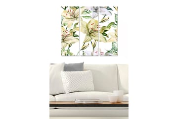 Trelerret 3-delt 50x70 cm - Fargerik komposisjon av liljer og grønne blader - Grønn / Hvit / Gul - Interiør - Maleri & posters - Lerretsbilder