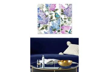 Trelerret 3-delt 50x70 cm - Fargerik komposisjon av syriner og fugler - Lilla / Blå / Grønn - Interiør - Maleri & posters - Lerretsbilder