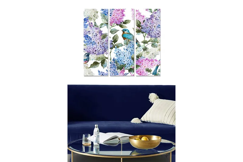 Trelerret 3-delt 50x70 cm - Fargerik komposisjon av syriner og fugler, Lilla / Blå / Grønn