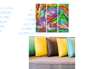 Trelerret 3-delt 50x70 cm - Fargerik komposisjon av tropiske blader og fjær - Grønn / Rød / Blå - Interiør - Maleri & posters - Lerretsbilder