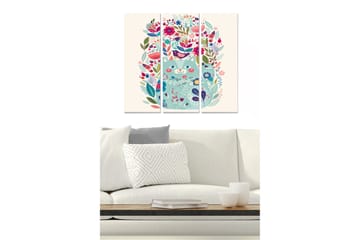 Trelerret 3-delt 50x70 cm - Fargerik komposisjon med blomster og fugler - Grønn / Rosa / Blå - Interiør - Maleri & posters - Lerretsbilder