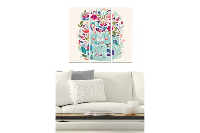 Trelerret 3-delt 50x70 cm - Fargerik komposisjon med blomster og fugler, Grønn / Rosa / Blå